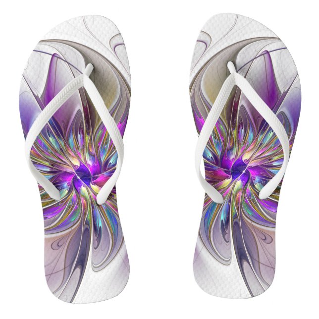 Energetic, Colorful Abstract Fractal Art Flower Flip Flops (Footbed)