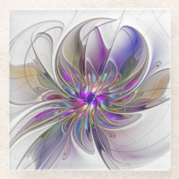 Energetic, Colorful Abstract Fractal Art Flower Glass Coaster