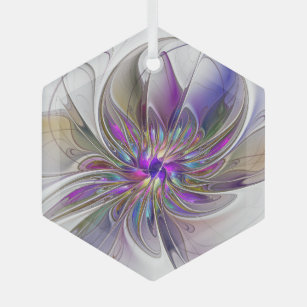 Energetic, Colorful Abstract Fractal Art Flower Glass Ornament