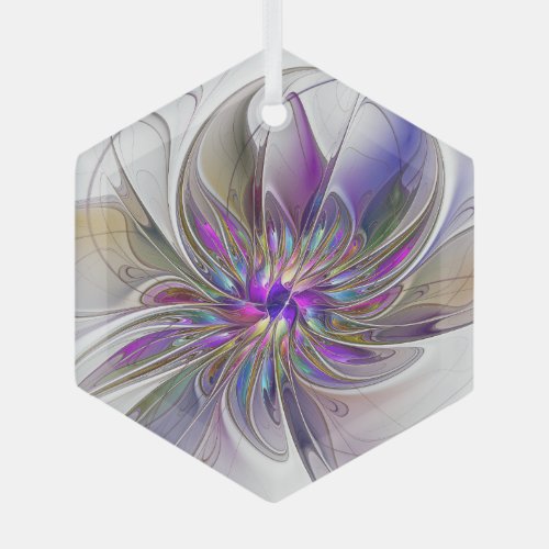 Energetic Colorful Abstract Fractal Art Flower Glass Ornament