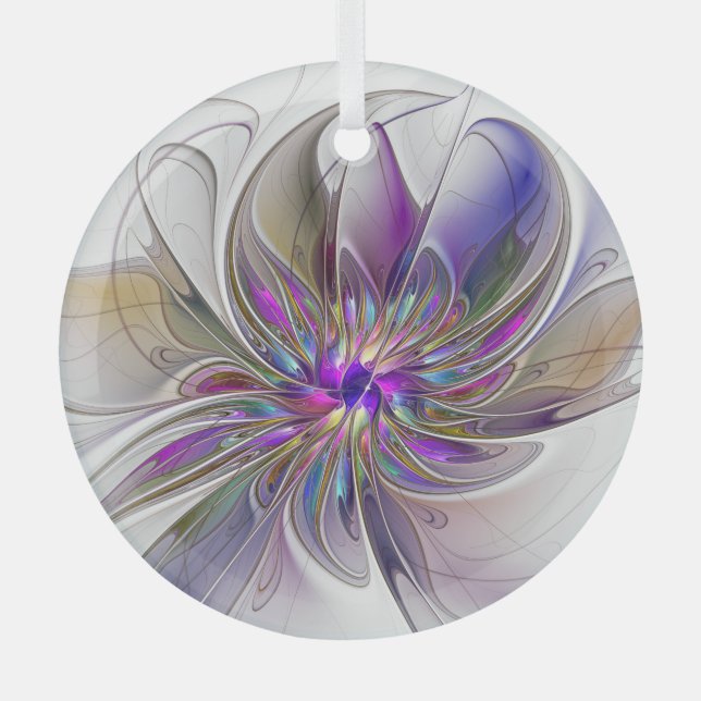 Energetic, Colorful Abstract Fractal Art Flower Glass Ornament (Front)