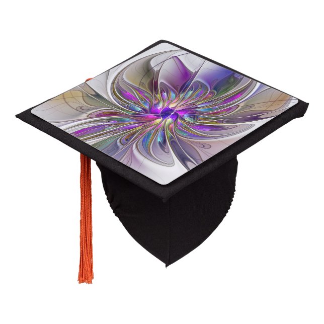 Energetic, Colorful Abstract Fractal Art Flower Graduation Cap Topper (Angled)