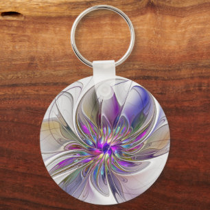 Energetic, Colorful Abstract Fractal Art Flower Keychain