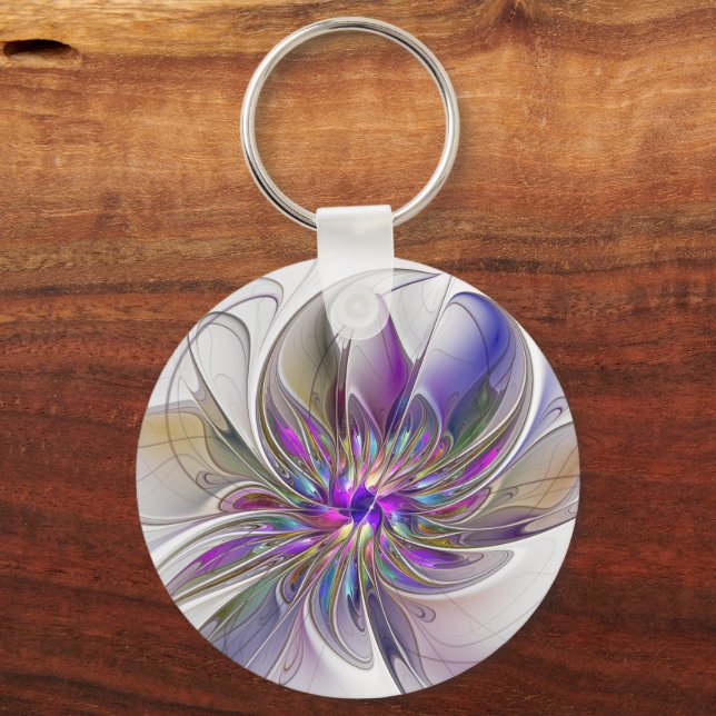 Energetic, Colorful Abstract Fractal Art Flower Keychain (Front)