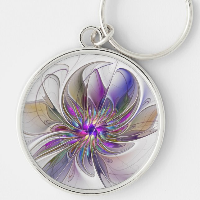 Energetic, Colorful Abstract Fractal Art Flower Keychain (Front)
