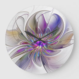 Energetic, Colorful Abstract Fractal Art Flower Large Clock