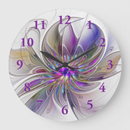 Energetic, Colorful Abstract Fractal Art Flower Large Clock