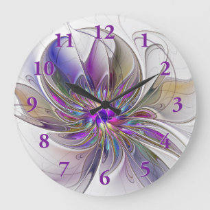 Energetic, Colorful Abstract Fractal Art Flower Large Clock