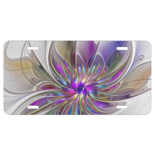 Energetic, Colorful Abstract Fractal Art Flower License Plate