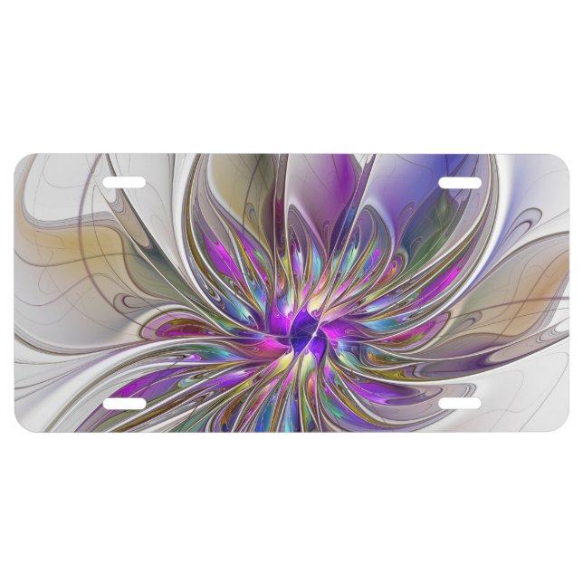 Energetic, Colorful Abstract Fractal Art Flower License Plate (Front)