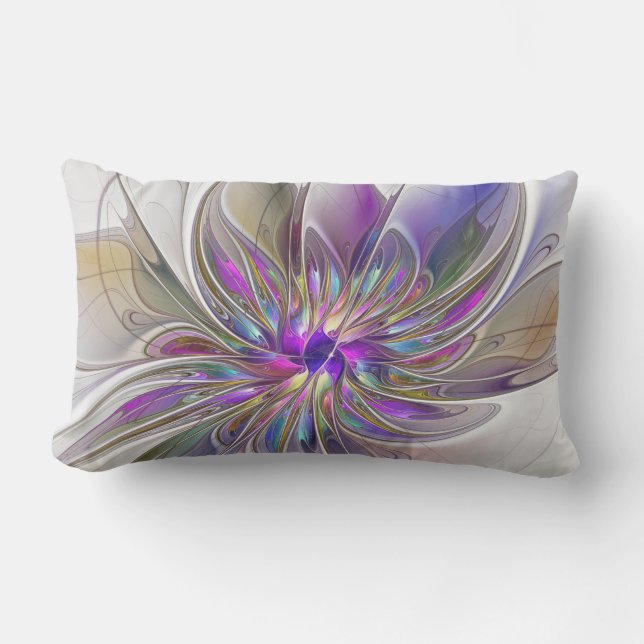 Energetic, Colorful Abstract Fractal Art Flower Lumbar Pillow (Front)