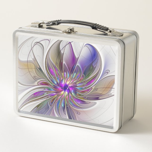 Energetic, Colorful Abstract Fractal Art Flower Metal Lunch Box (Front)