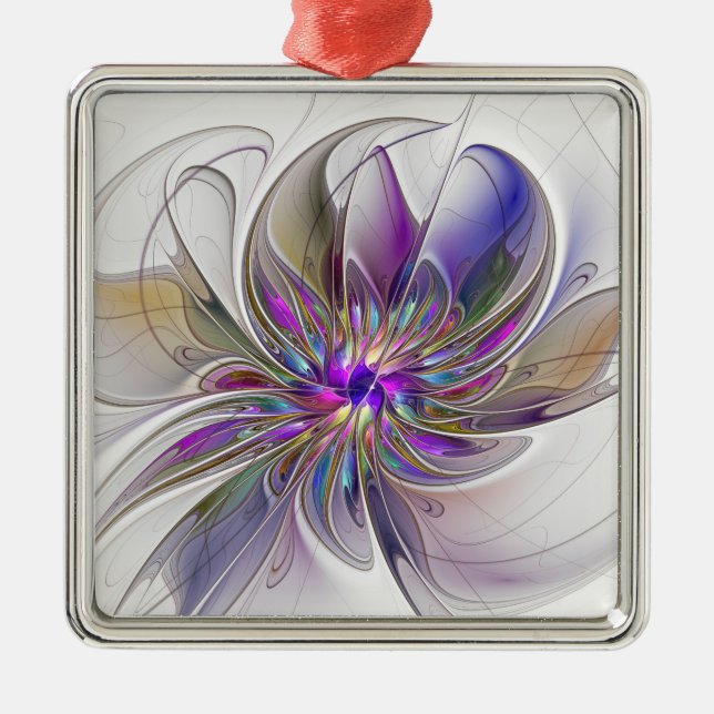 Energetic, Colorful Abstract Fractal Art Flower Metal Ornament (Front)
