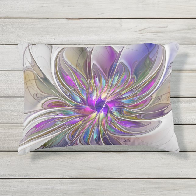 Energetic, Colorful Abstract Fractal Art Flower Outdoor Pillow (Front)