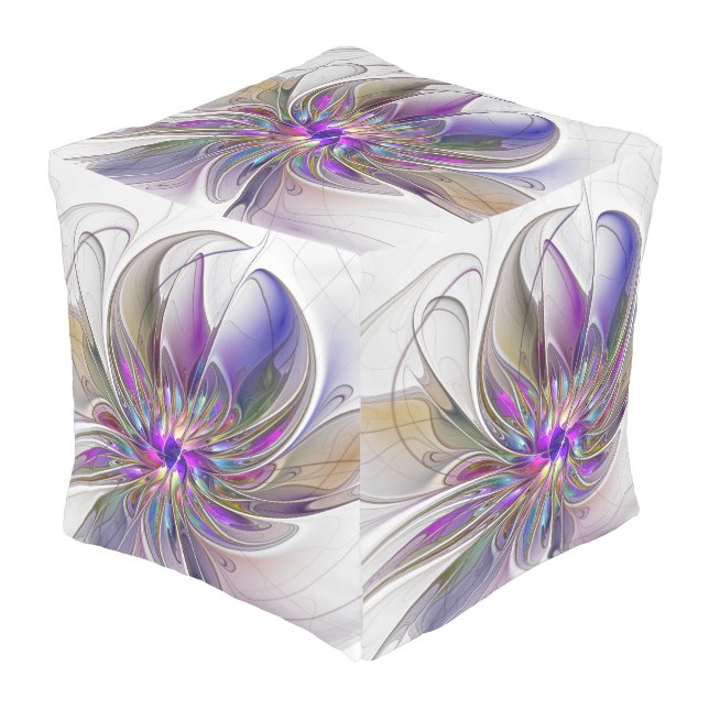 Energetic, Colorful Abstract Fractal Art Flower Outdoor Pouf (Angled Front)