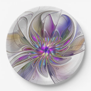 Energetic, Colorful Abstract Fractal Art Flower Paper Plates