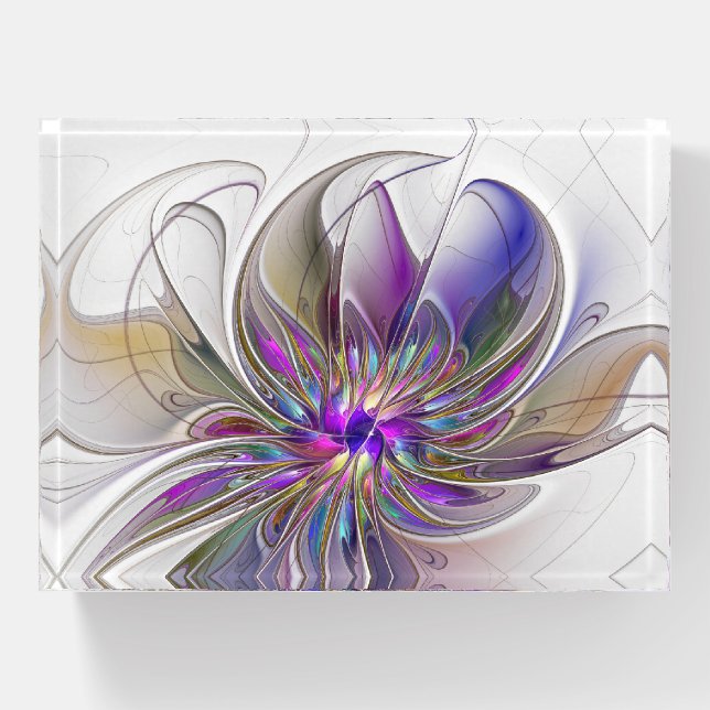 Energetic, Colorful Abstract Fractal Art Flower Paperweight (Front)