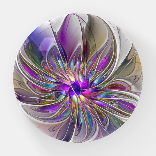 Energetic, Colorful Abstract Fractal Art Flower Paperweight (Front)