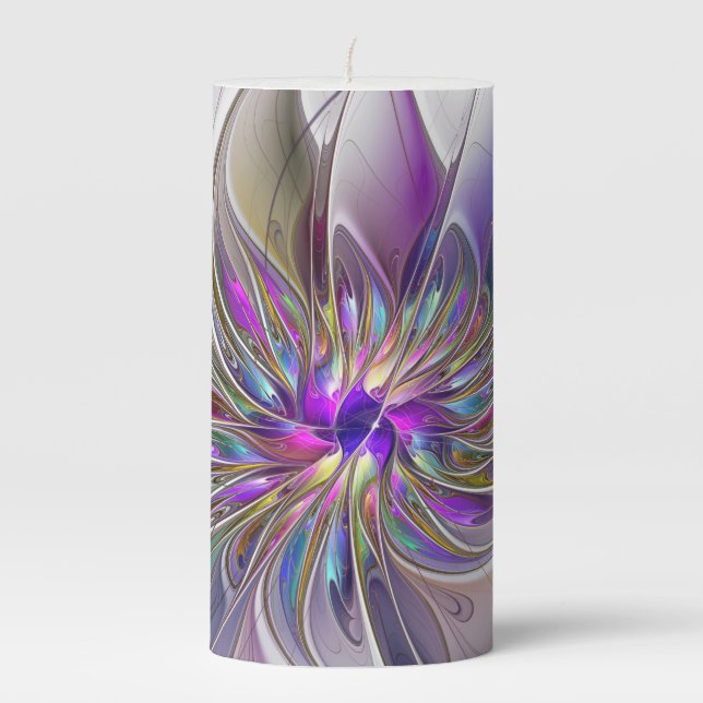 Energetic, Colorful Abstract Fractal Art Flower Pillar Candle (Front)