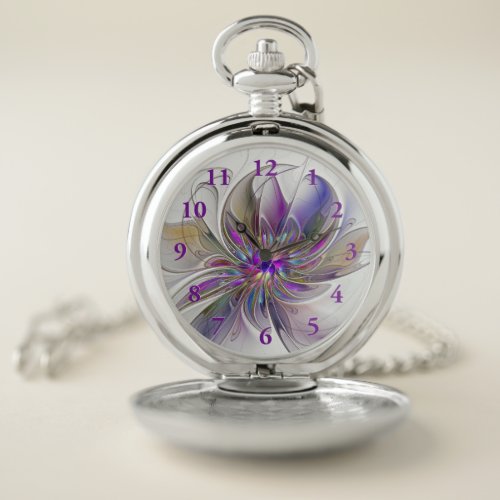 Energetic Colorful Abstract Fractal Art Flower Pocket Watch