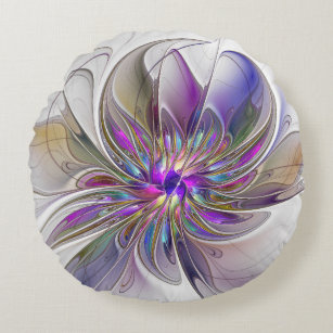 Energetic, Colorful Abstract Fractal Art Flower Round Pillow