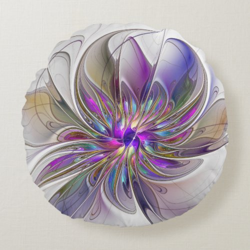 Energetic Colorful Abstract Fractal Art Flower Round Pillow