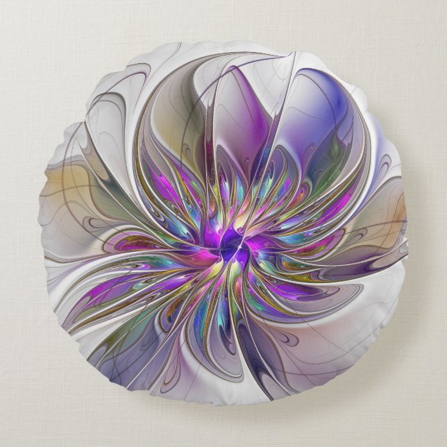 Energetic, Colorful Abstract Fractal Art Flower Round Pillow (Front)