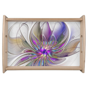 Energetic, Colorful Abstract Fractal Art Flower Serving Tray