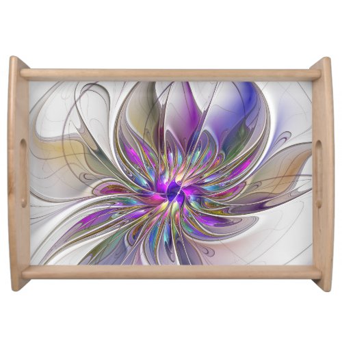 Energetic Colorful Abstract Fractal Art Flower Serving Tray