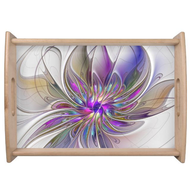 Energetic, Colorful Abstract Fractal Art Flower Serving Tray (Front)