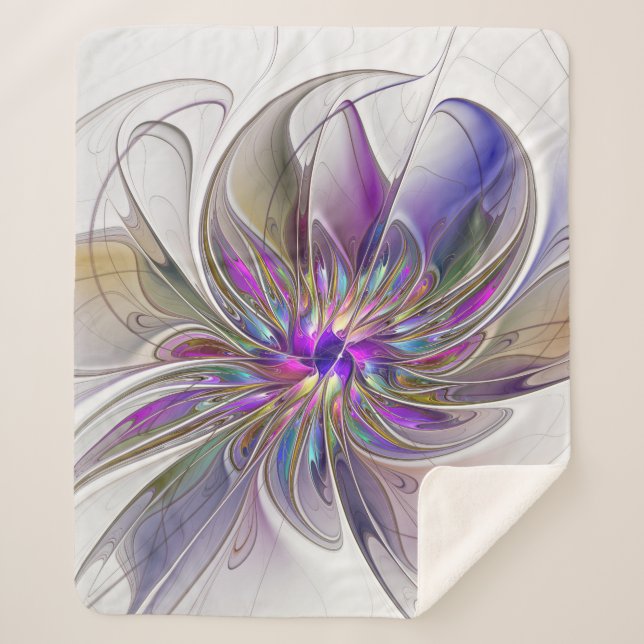 Energetic, Colorful Abstract Fractal Art Flower Sherpa Blanket (Front)