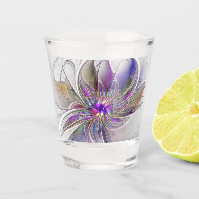 Energetic, Colorful Abstract Fractal Art Flower Shot Glass (Front)
