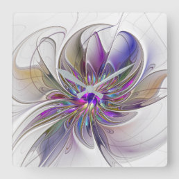 Energetic, Colorful Abstract Fractal Art Flower Square Wall Clock