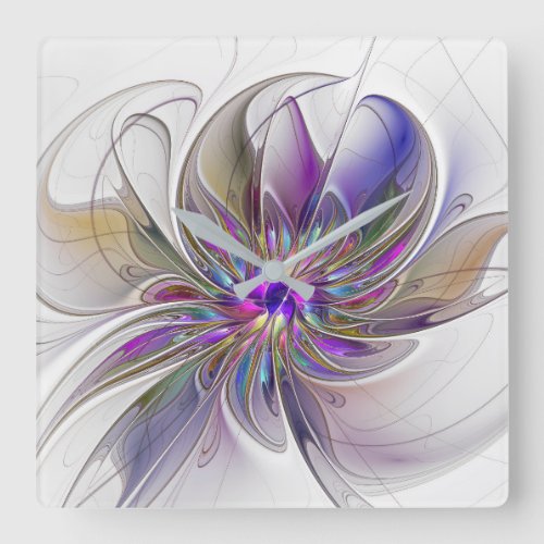 Energetic Colorful Abstract Fractal Art Flower Square Wall Clock