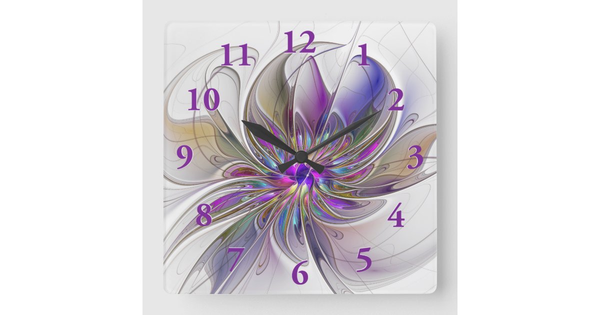 Energetic, Colorful Abstract Fractal Art Flower Square Wall Clock | Zazzle