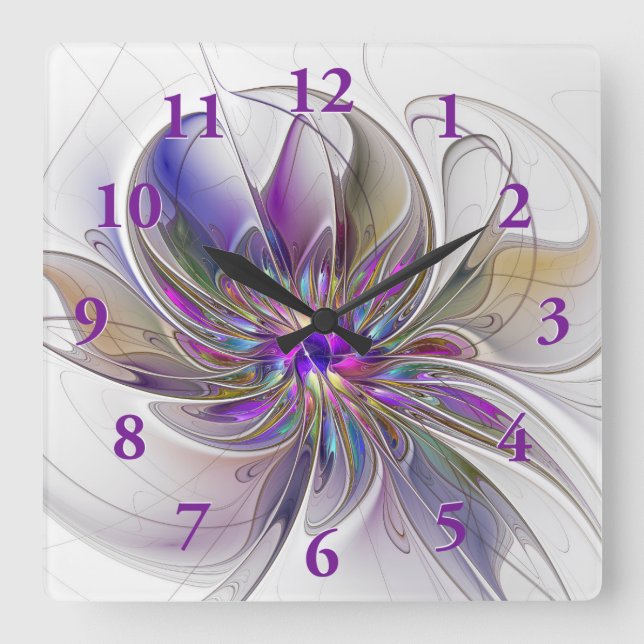 Energetic, Colorful Abstract Fractal Art Flower Square Wall Clock (Front)