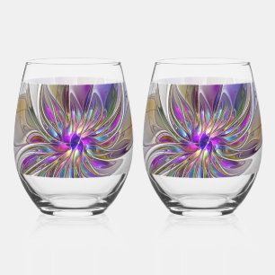 Energetic, Colorful Abstract Fractal Art Flower Stemless Wine Glass