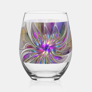 Energetic, Colorful Abstract Fractal Art Flower Stemless Wine Glass