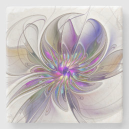 Energetic, Colorful Abstract Fractal Art Flower Stone Coaster