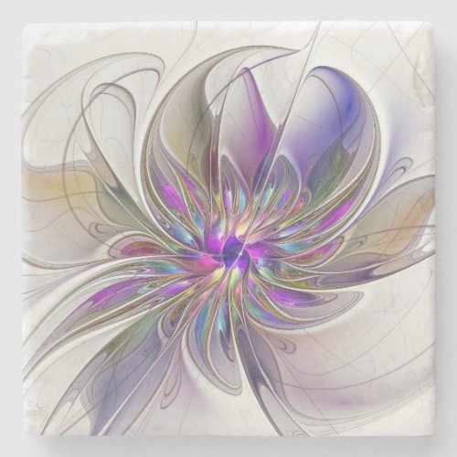 Energetic Colorful Abstract Fractal Art Flower Stone Coaster