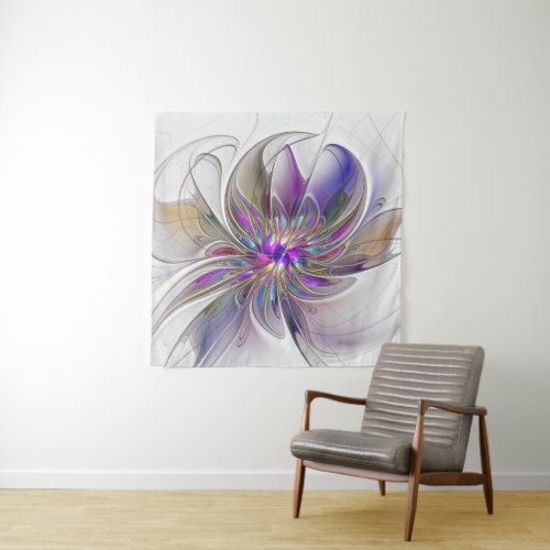 Energetic Colorful Abstract Fractal Art Flower Tapestry