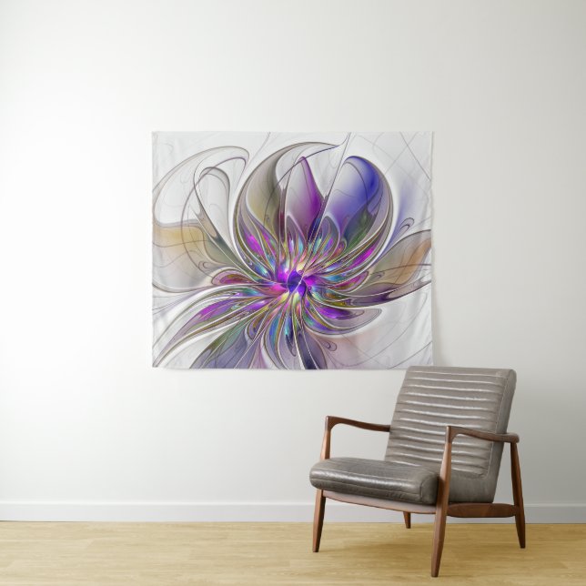 Energetic, Colorful Abstract Fractal Art Flower Tapestry (In Situ (Horizontal))