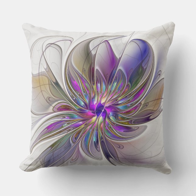 Energetic, Colorful Abstract Fractal Art Flower Throw Pillow (Front)