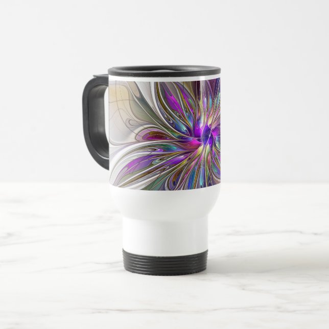 Energetic, Colorful Abstract Fractal Art Flower Travel Mug (Front Left)