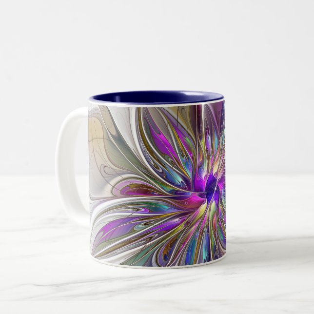 Energetic, Colorful Abstract Fractal Art Flower Two-Tone Coffee Mug (Front Left)