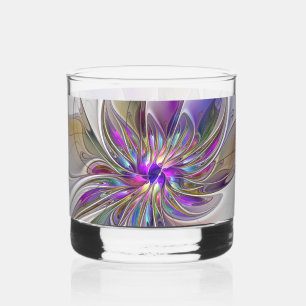 Energetic, Colorful Abstract Fractal Art Flower Whiskey Glass