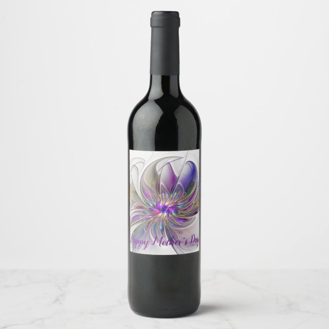 Energetic, Colorful Abstract Fractal Art Flower Wine Label (Front)