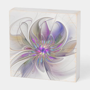 Energetic, Colorful Abstract Fractal Art Flower Wooden Box Sign