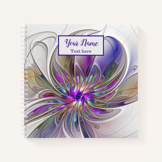Energetic, Colorful Abstract Fractal Flower Name Notebook (Front)