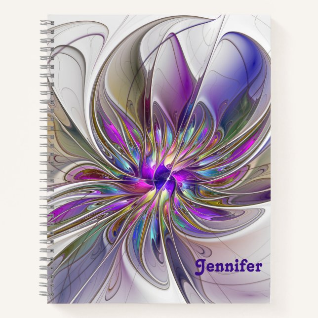 Energetic, Colorful Abstract Fractal Flower Name Notebook (Front)